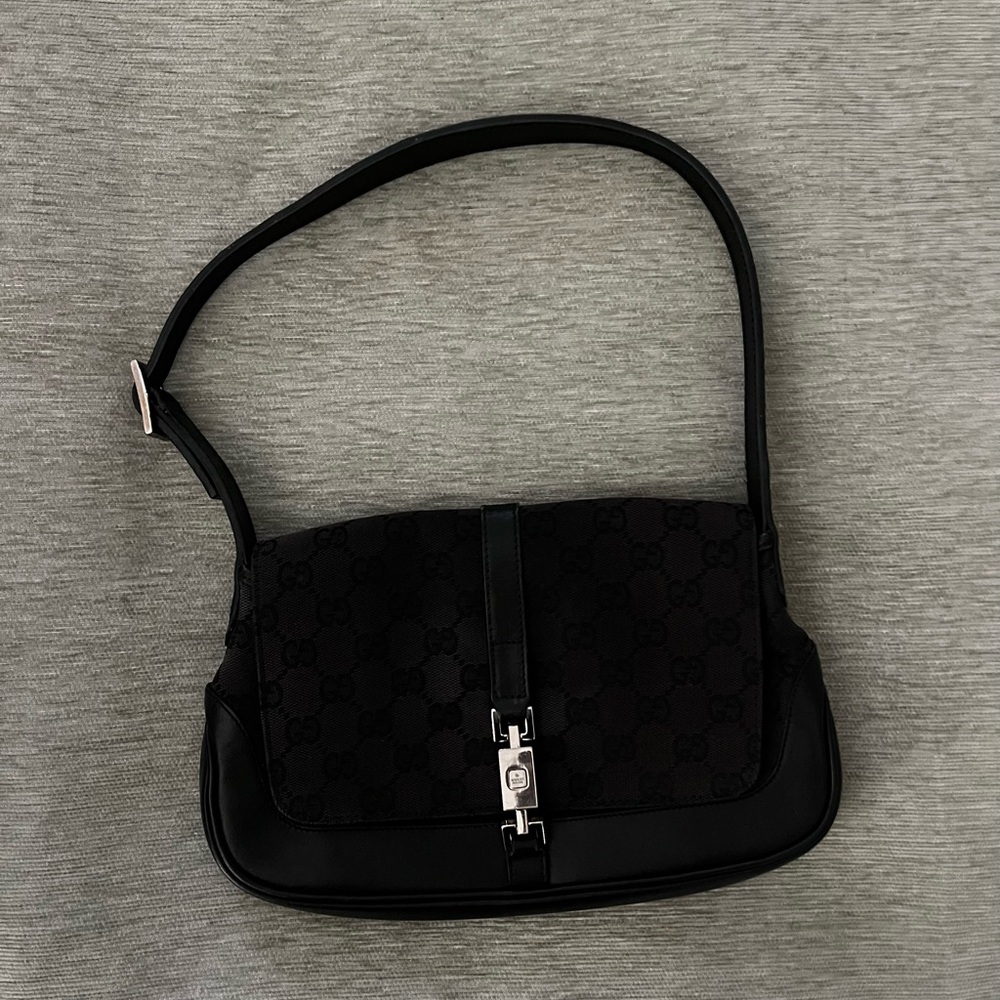 Gucci Black GG Monogram Shoulder Bag with Silver Hardware and Buckle Accent